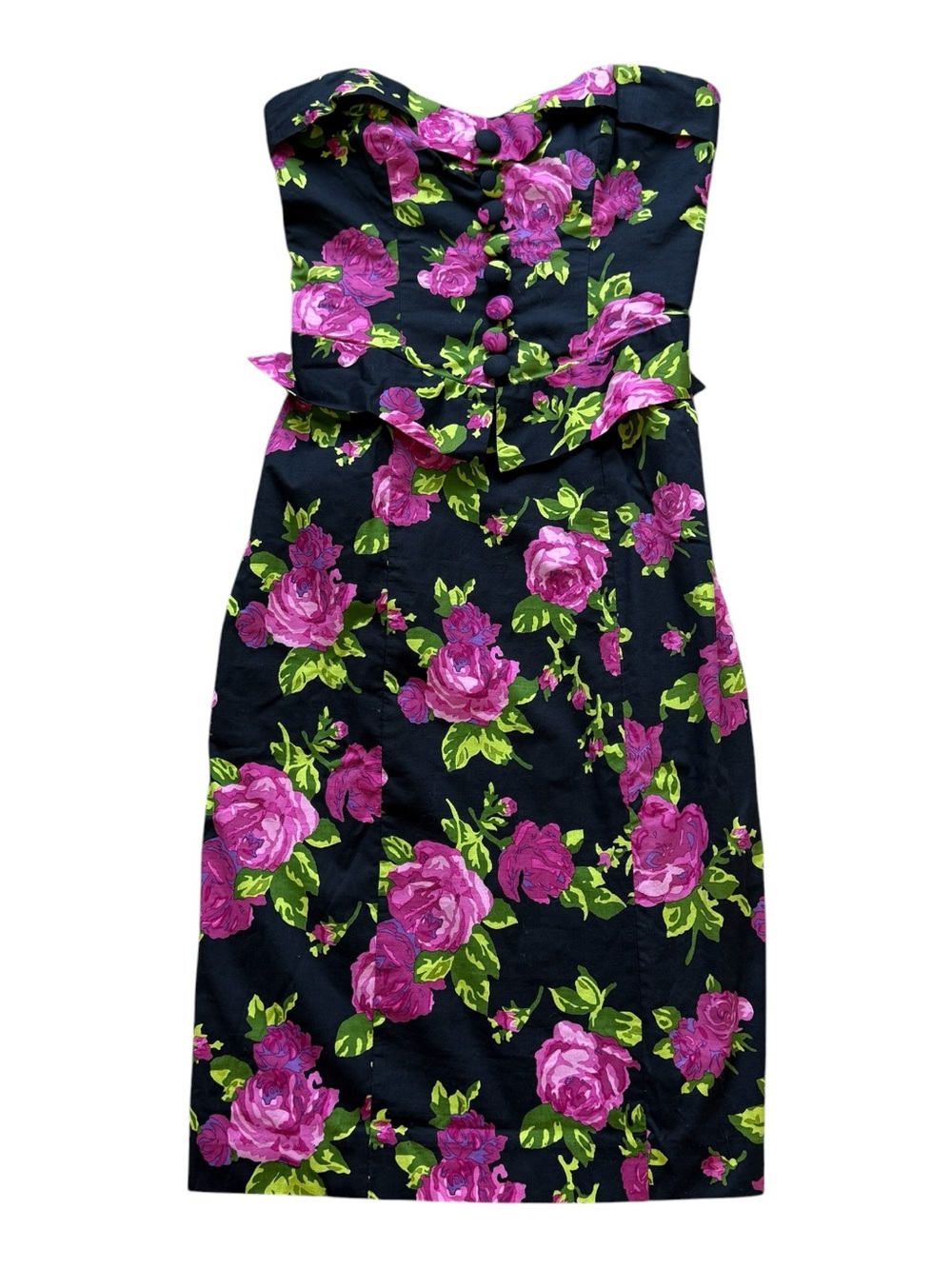 Vintage Y2K Betsey Johnson Floral Strapless Peplum Dress Pink Roses Retro Pinup